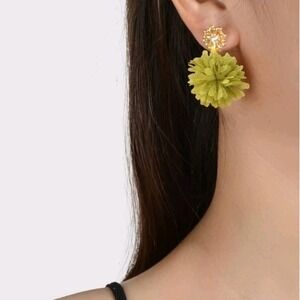 Green Pom Pom Dangle Earrings Rhinestone Floral Stud Coquette statement💖2/$30